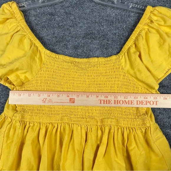 Midnight Sky Yellow Smocked Peplum Top L Flutter Sleeve Linen Blend Boho - Picture 8 of 9